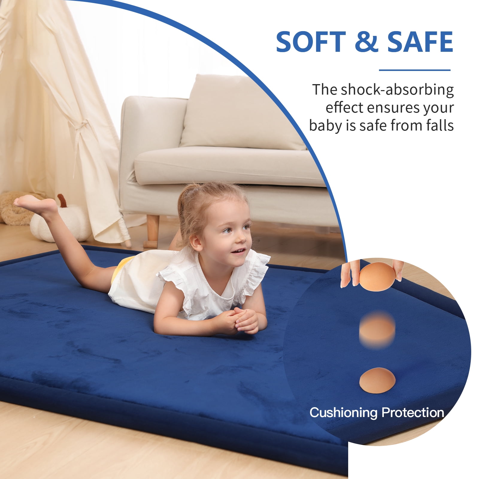 Baby Play Mat for Floor,1.2" Thick Memory foam Tummy Time Mat,Soft Coral Velvet Nursery Rug,Extra Large Non Slip Crawling Mat for Toddlers,Infants,Tatami Mat for Living Room(Dark Blue,59"X79")