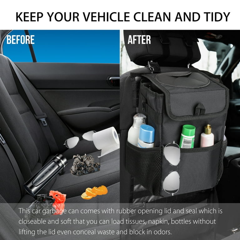 Car Trash Can with Lid, TSV Car Trash Bag Hanging with Storage Pockets,  Waterproof Car Garbage Can, Leak-Proof Car Organizer, Black 