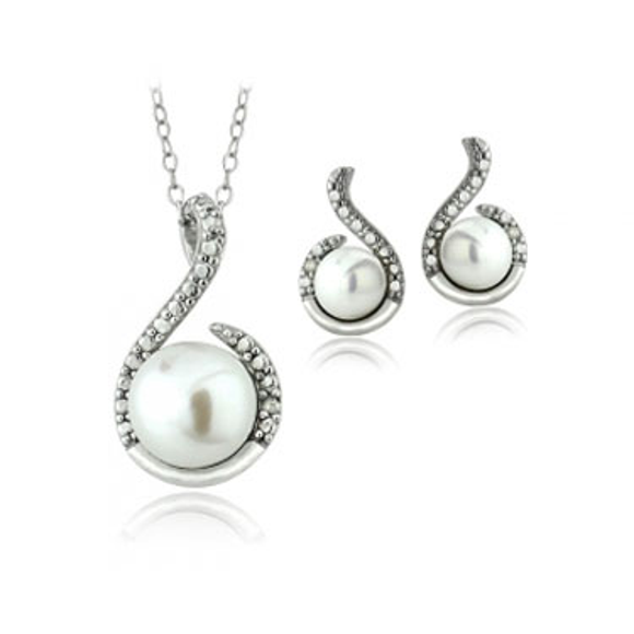 Sterling Silver White Freshwater Cultured Pearl & Diamond Accent Swirl Necklace and Earrings Set