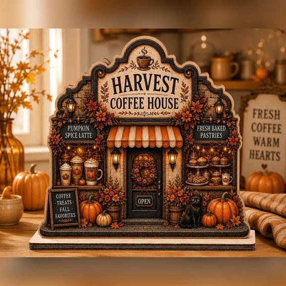 Wooden Block Farmhouse Fall Decoration, Harvest Coffee House Wood Shelf Sitter for Halloween Autumn Decor
