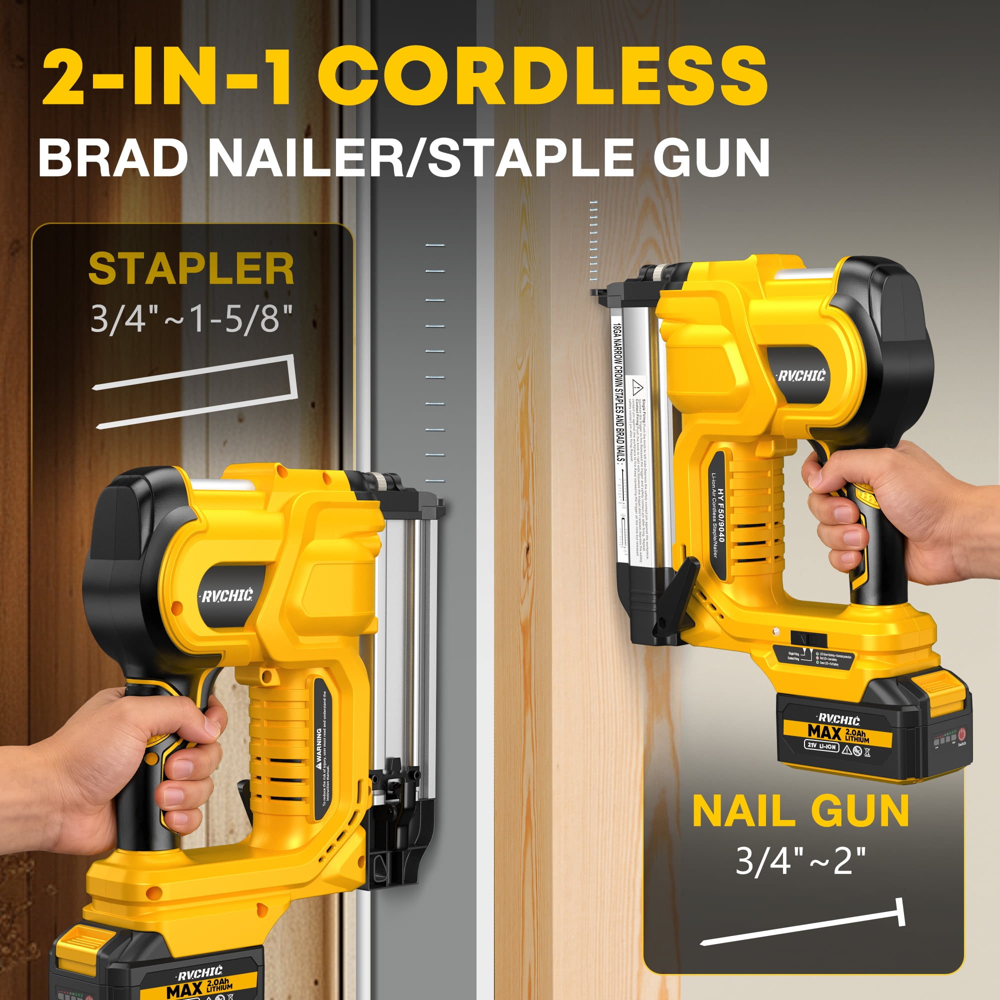 Rvchic 18GA Cordless Brad Nailer, 2-in-1 Electric Combo Kit with 2 Batteries, 1000 Nails/Staples for Upholstery, Carpentry, and Woodworking,Yellow
