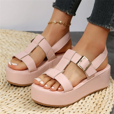 

XIAQUJ Ladies Fashion Summer Solid Color Leather Open Toe Open Toe Buckle Thick Sole Roman Sandals Sandals for Women Pink 8.5(41)