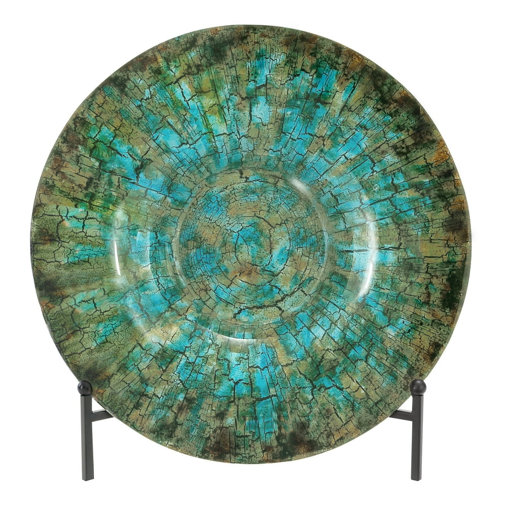 DecMode Round Green Glass Decorative Charger Plate with Metal Stand, 18”L x 2”H