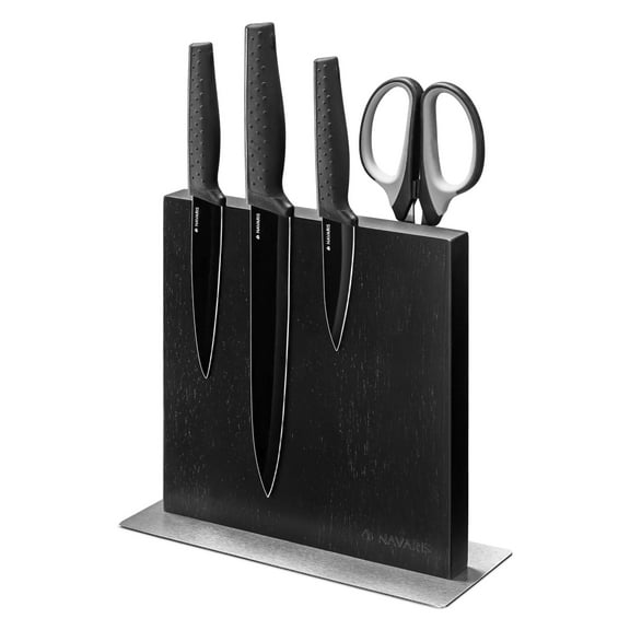 Navaris Magnetic Knife Block - Kitchen Storage with Strong Magnets for Knives & Utensils - Simple, Modern Utensil Holder in Black Rubberwood - 8.9" x 8.7"