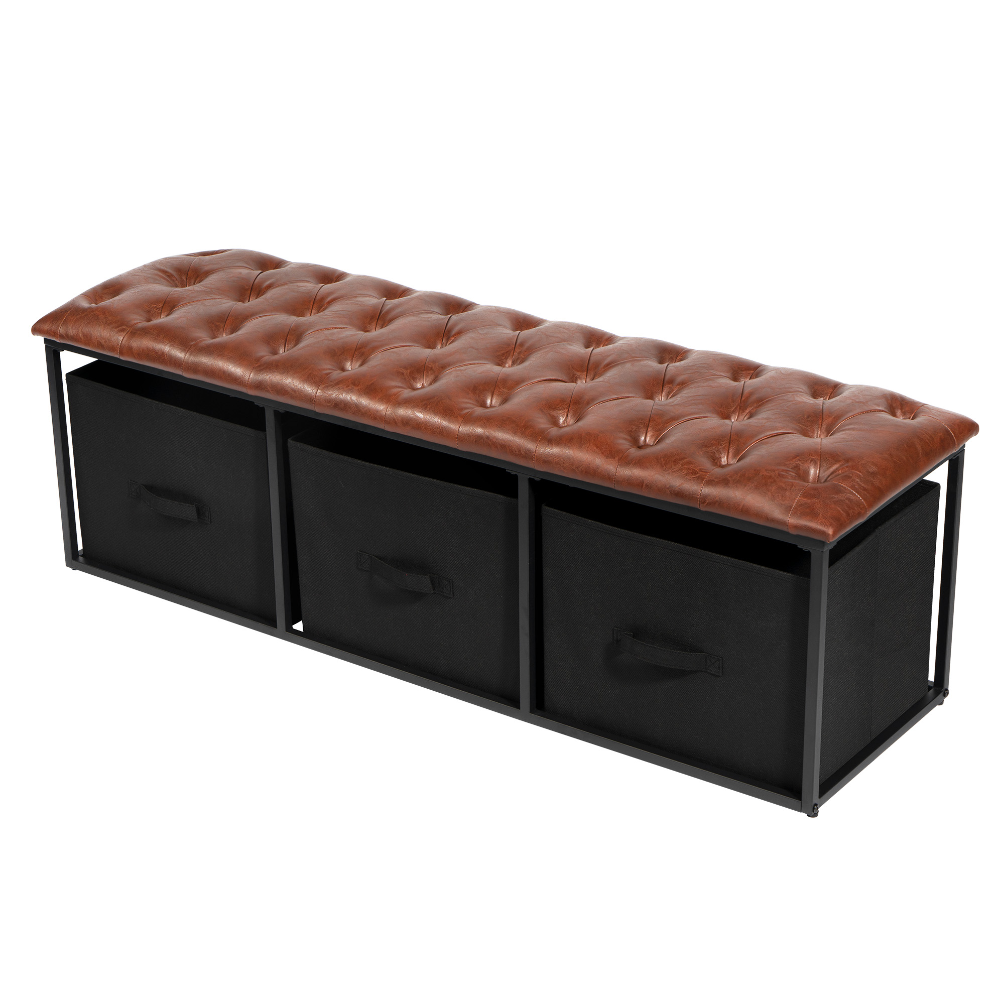 Cozy Castle Button Tufted Faux Leather Bench with Storage Bins, Brown
