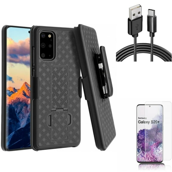 Screen Protector w 6ft USB Cable w Case Belt Clip for Samsung Galaxy S20 Plus - Tempered Glass [Fingerprint Unlock] 3D Curved Edge, Type-C Charger Cord Power, Holster Swivel fits Galaxy S20 Plus