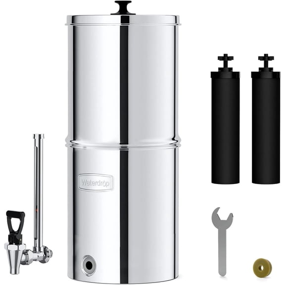Waterdrop Gravity-fed Water Filter System, NSF/ANSI 372 Certification, 2.25G Stainless-Steel Filter System with 2 Filters and Metal Spigot, Reduces up to 99% of Chlorine-King Tank Series, WD-TK