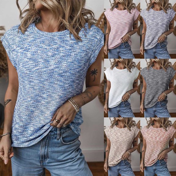 ZyeKqe Womens Cap Sleeve Tops Tie-Dying Crewneck Shirts Casual Loose Fitted Tees Top Summer Outfits