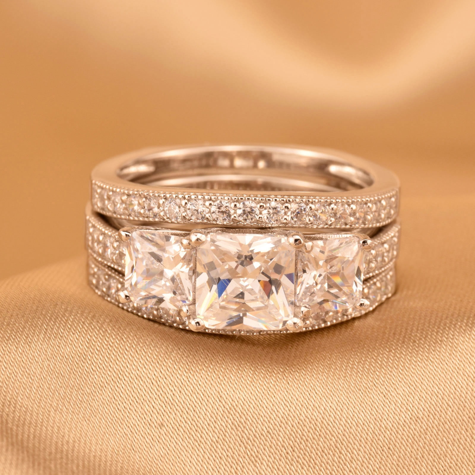 SHELOVES 1.9 Carat Three-Stone Princess Cut AAAAA CZ Wedding Rings for Women Engagement Ring Sets 925 Sterling Silver Size 7