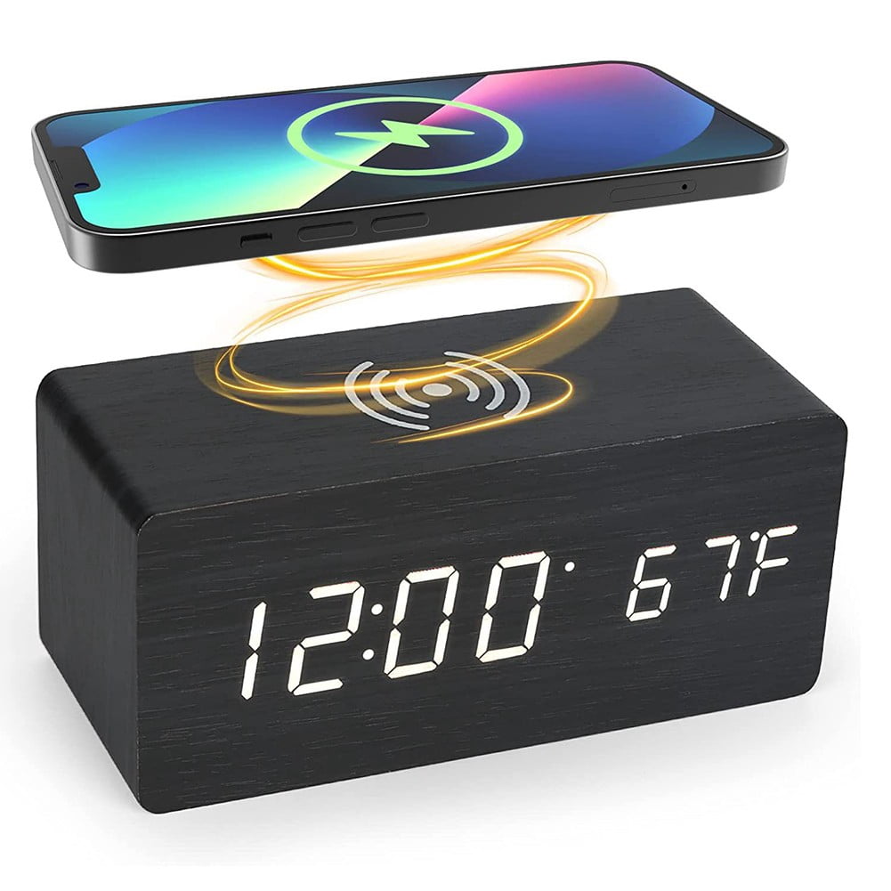Wooden Digital Alarm Clock with Wireless Charging, Dimmable, Adjustable Volume, 3 Alarms, Weekday/Weekend Mode, Snooze, Digital Clock for Bedroom, Bedside, Office