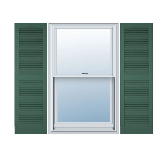 12"W x 80"H Lifetime Vinyl, Standard Cathedral Top Center Mullion, Open Louver Shutters, w/Installation Shutter-Lok's & Matching Screws (Per Pair), Forest Green