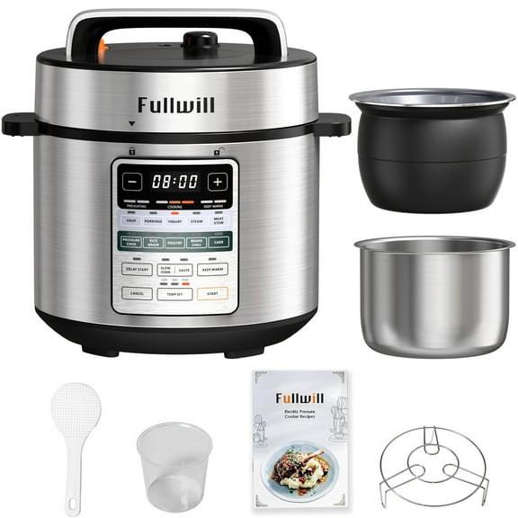 Fullwill Dual-Pot Electric Pressure Cooker 6QT, 12 in 1 Mult-iFunction Cooker with 304 Stainless Steel & Ceramic Pots, Pressure Cook, Soup, Porridge, Yogurt, Meat Stew, Rice, Poultry, Beans and More
