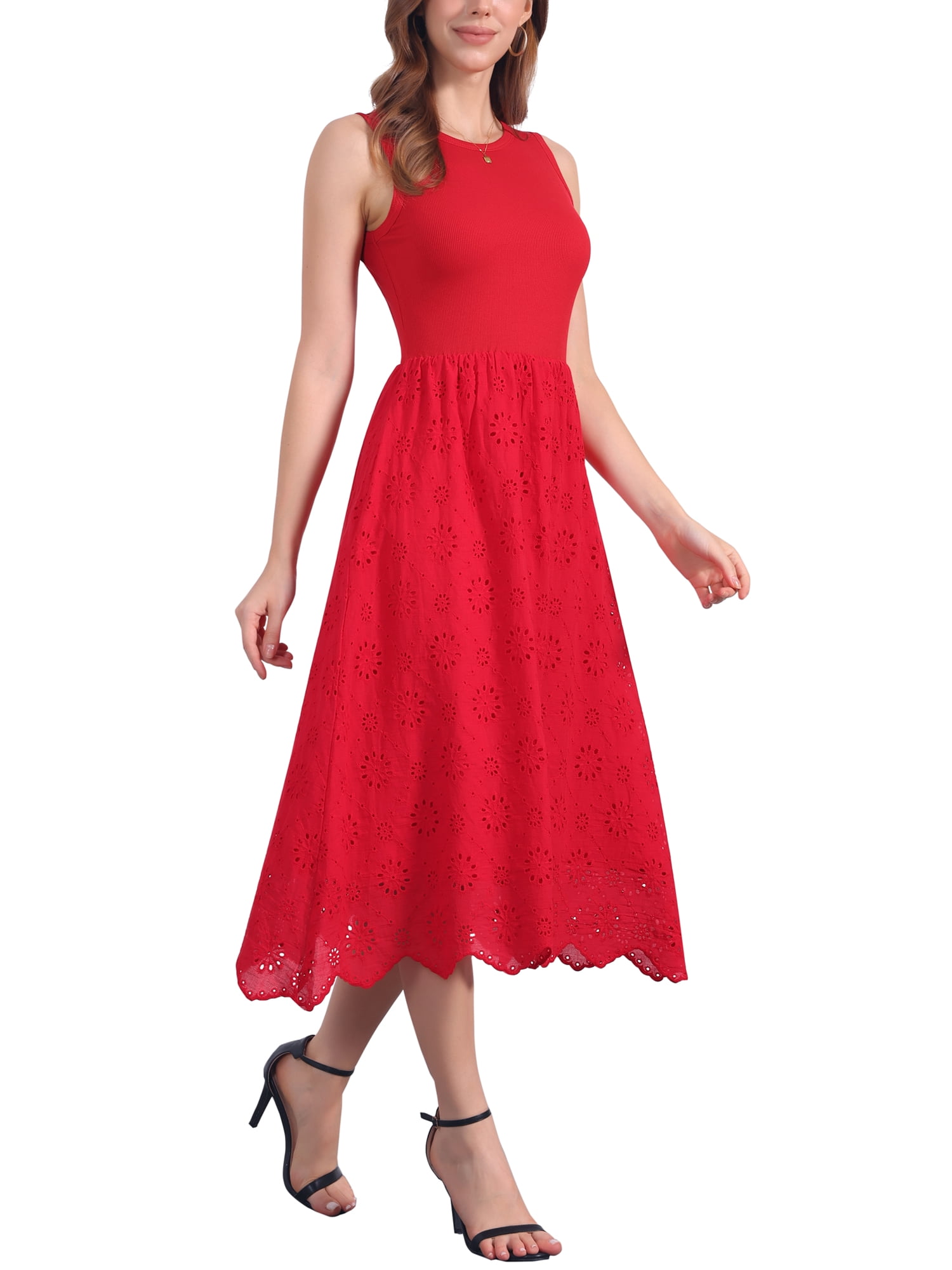 DARING DIVA Eyelet Sleeveless A Line Midi Tank Dress XL Red