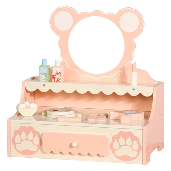 Wooden Vanity Set for Kids, Pretend Play Toddler Makeup Toy, Toddler Pretend Play Makeup Table with 8 Makeup Accessories, Princess Vanity for Kids 3