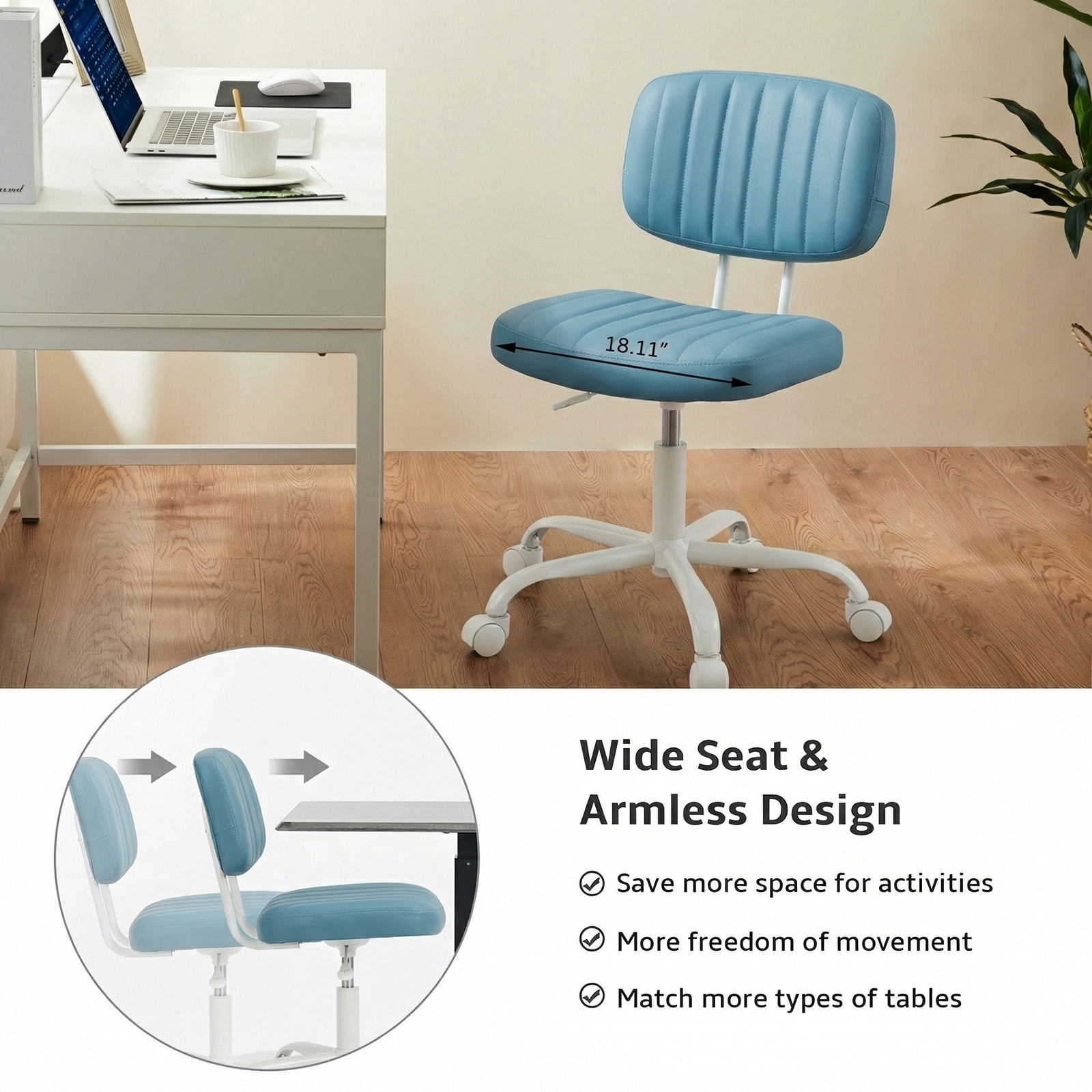 edx Adjustable Height Armless Office Desk Chair with Wheels, PU Leather Mid Back 360°Swivel Small Computer Chair, Modern Task Chair for Home Office Reading Meeting Room, Blue