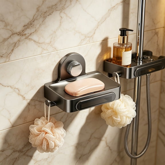 FEOLGEHLY Self Draining Soap Holder, Suction Cup Soap Tray Soap Dish for Shower Soap Box, Soap Savers for Bar Soap, Easy Cleaning Soap Bar Container for Bathroom Kitchen, Gray