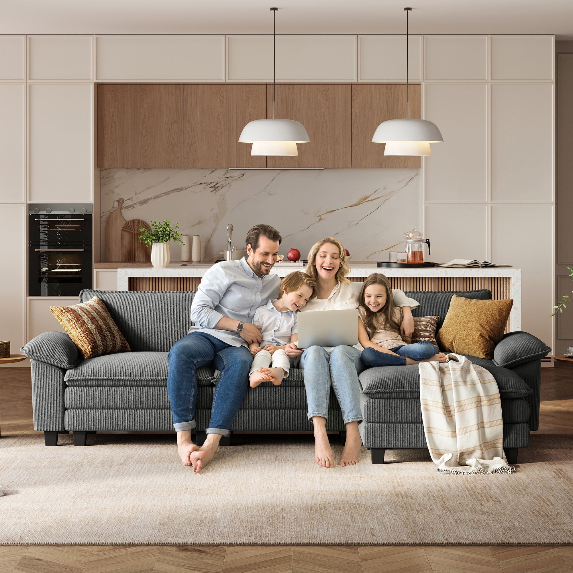 Linsy Home 123" Oversized Modular Sectional Sofa with Movable Ottoman, 3-Seat L Shaped Cloud Couch for Living Room, Grey
