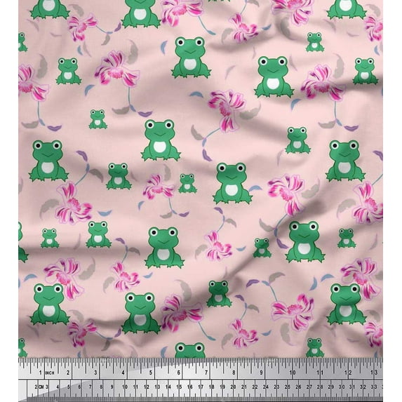 Soimoi Rayon Crepe Fabric Floral & Frog Cartoon Fabric Prints by Yard 46 Inch Wide