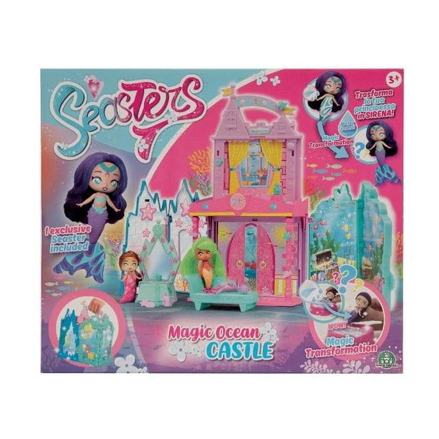 set seasters castillo mágico multicolor juguete: caja frontal con castillo rosa y turquesa en vista frontal, puerta doble, balcón y ventanas; interior con tocador, sillón y pequeña alberca; incluye muñeca Seaster exclusiva y piezas para transformar escenas de mar tropical a ártico; arte ilustrado y logo Seasters en el empaque.