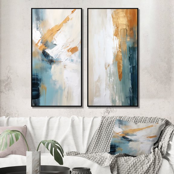 Designart "Vintage Solitude Abstract in Vintage Blue II" Abstract Painting Framed Wall Art Set Of 2 - Modern White Frame Gallery Set For Office Decor