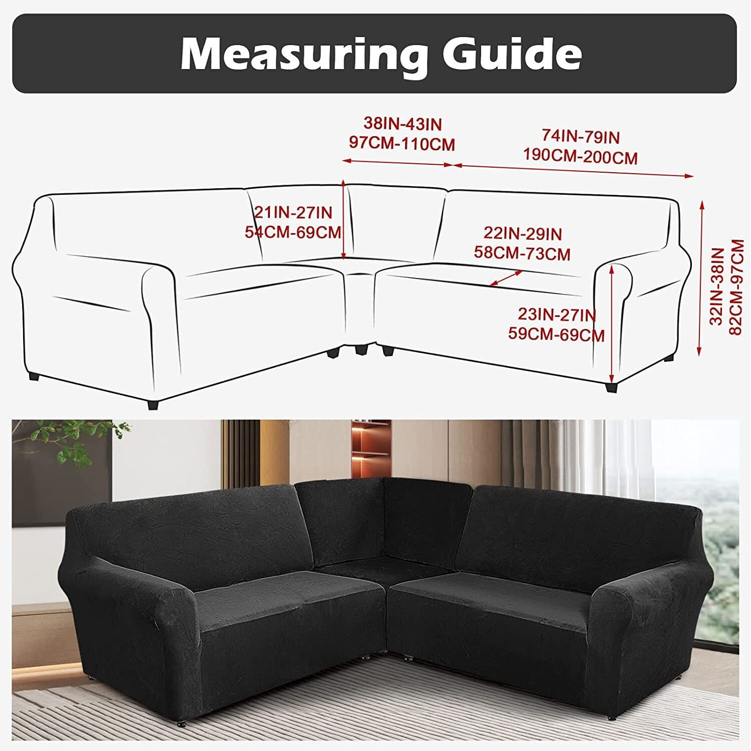 TOPCHANCES 3-Piece Velvet Recliner Sofa Covers, 7 Seat L-Shaped Corner Sofa Covers, Stretch Sectional Couch Slipcover ( Black )