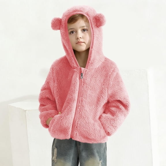 Xdegoge Toddler Fleece Jackets Lightweight Zip Up Kids Winter Hoodies with Cats Ear Hood, Warm Sherpa Teddy Bear Jackets Cute Long Sleeve Sweatshirts Pockets Outerwear