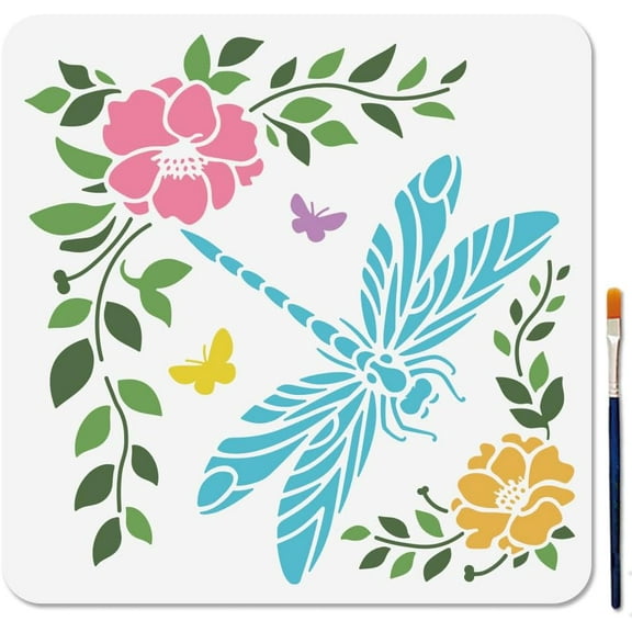 Dragonfly Flower Border Stencil 11.8×11.8inch Butterfly Insect Stencil with Paint Brush Reusable Vine Leaf Template for Painting on Wood DIY Crafts Wall Canvas