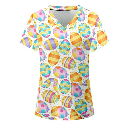 

Kiapeise Easter Scrubs Tops Women Nurse Working Uniforms Cartoon Printed V Neck Short Sleeve Medical Scrub Shirts
