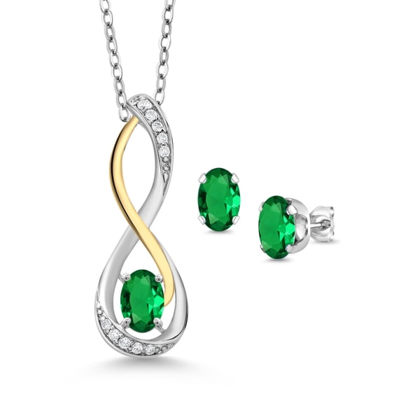 Gem Stone King 1.27 Ct Green Nano Emerald E-F Lab Grown Diamond 925 Silver and 10K Yellow Gold Infinity Pendant and Earrings Jewelry Set