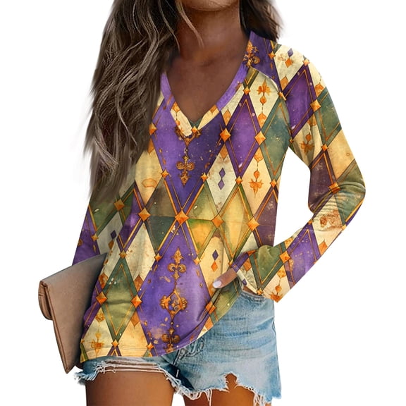 Mardi Gras Shirts for Women Mask Print Sequins V Neck Tunic Tops Feathers Print Long Sleeve Purple Tops Gold S