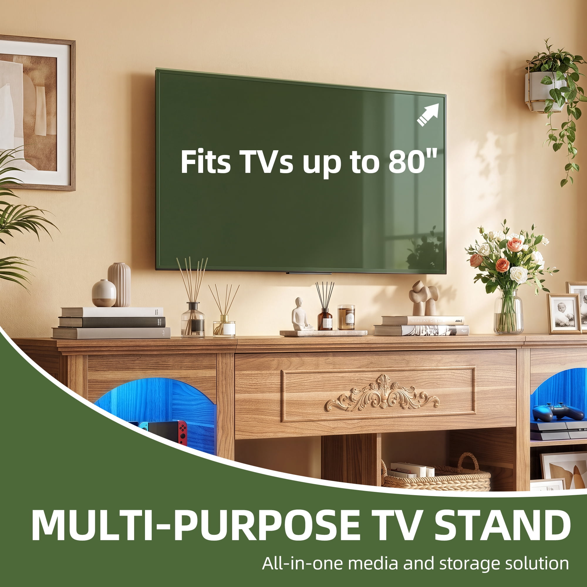Uforic 70 Inch Farmhouse TV Stand with RGB Ambient LED Light, Flip-Down Carved Door Fits 75/80 Inch TVs for Living Room Bedroom, Walnut
