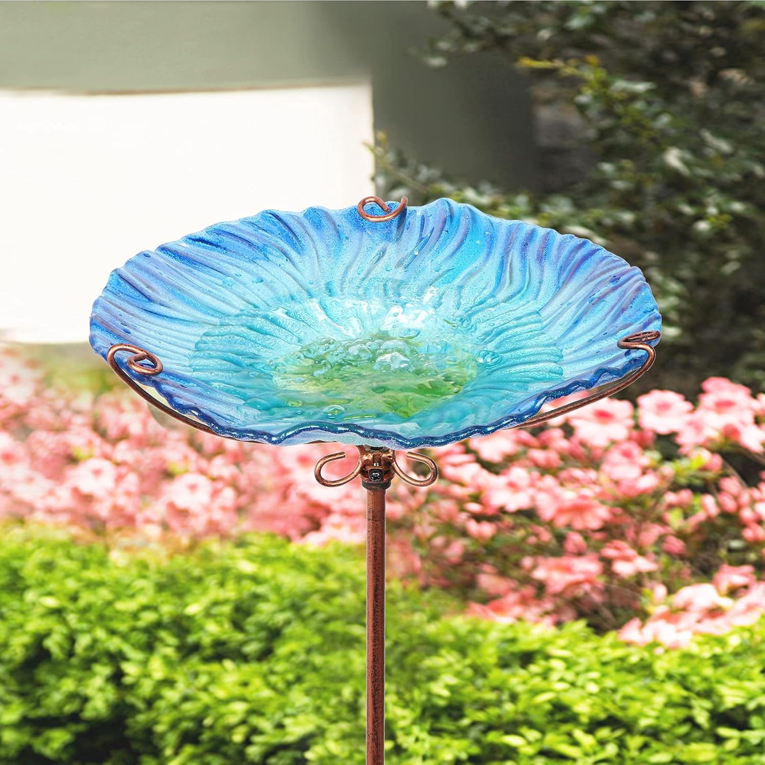 Outdoor Bird Bath, Birdbath With Metal Stand, Wavy Bird Bath, Birdfeeder, For Garden,Patio, Blue