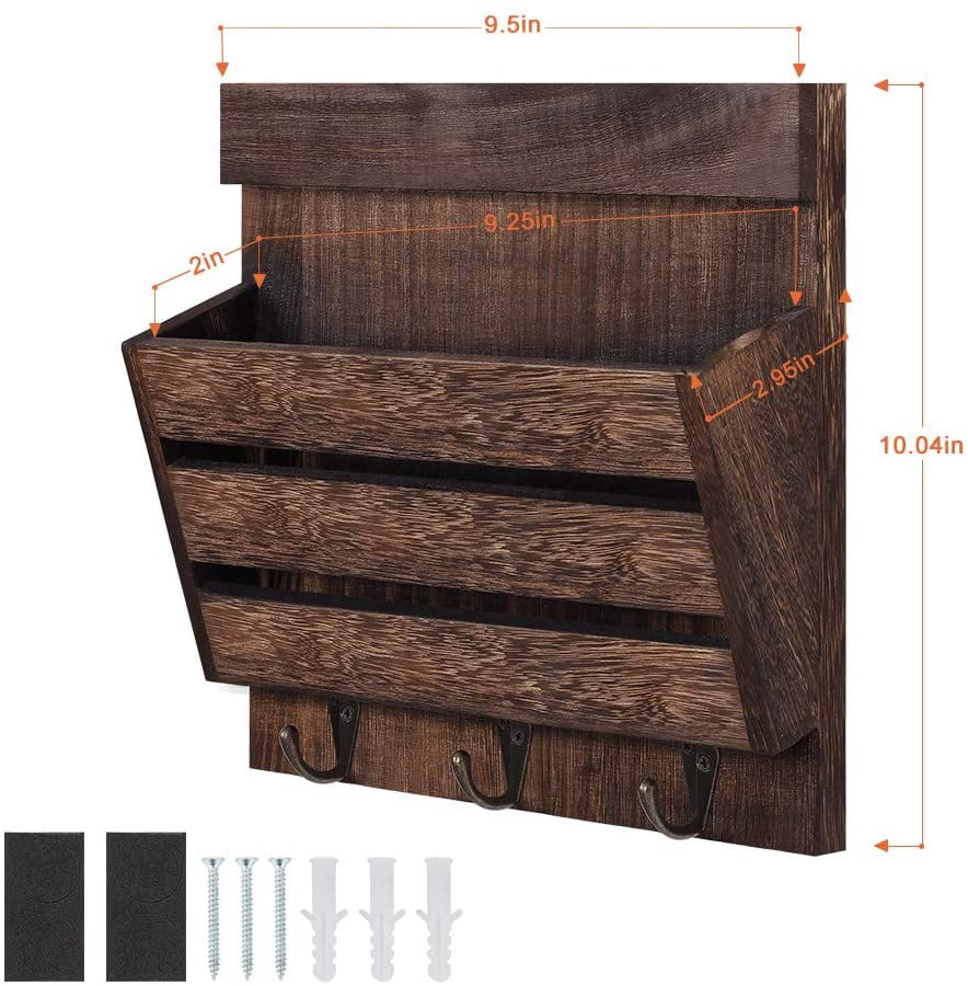 Oumilen Wood Wall Mount Mail and Key Holder Organizer with 3 Key Hooks, Brown