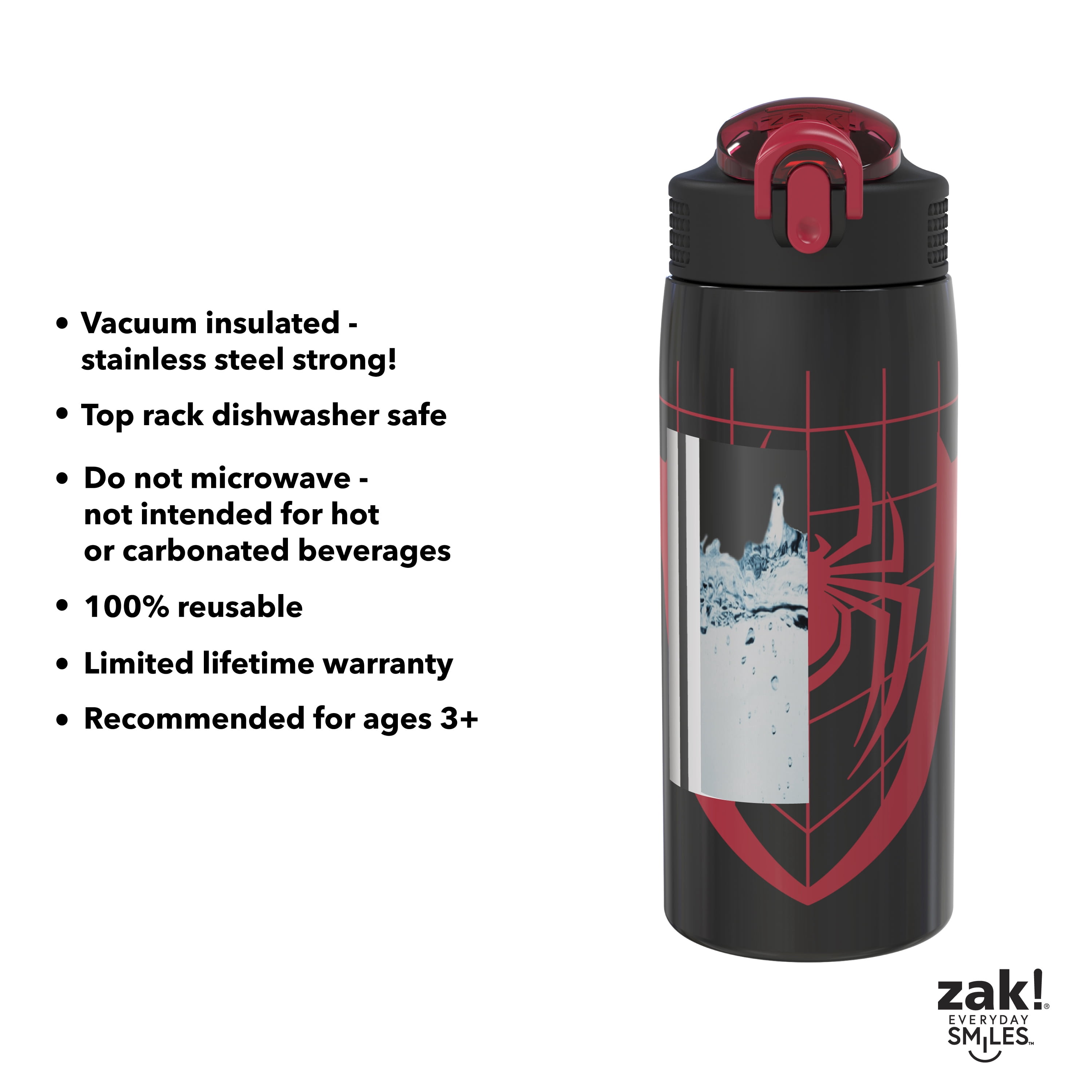 Zak Designs Marvel Spider-Man Water Bottle for Travel and At Home, 19 oz Vacuum Insulated Stainless Steel with Locking Spout Cover, Built-In Carrying Loop, Leak-Proof Design (Miles Morales)