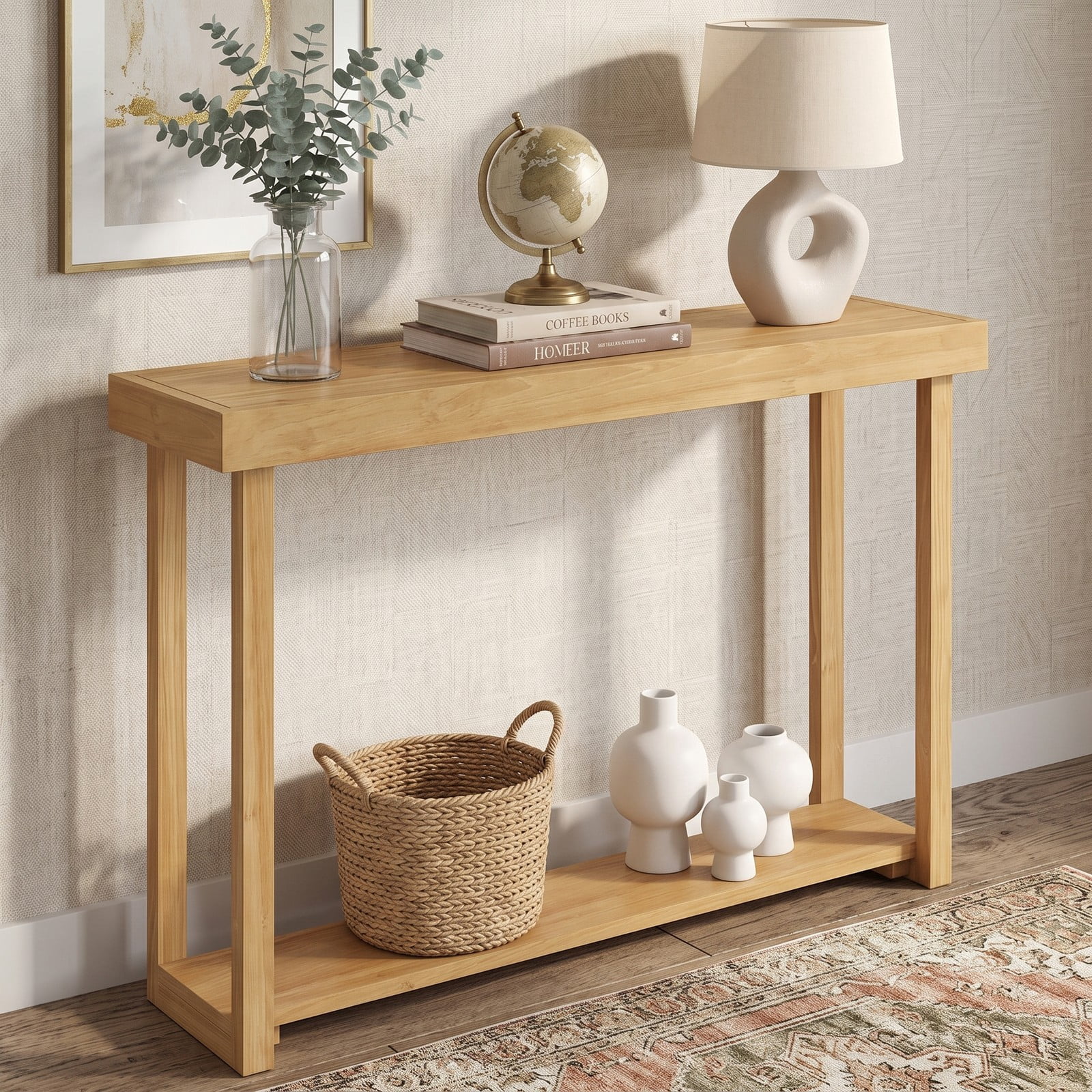 Furnibear 46 Inch Solid Wood Console Table 2-Tier Narrow Farmhouse Sofa Table with Storage Shelf for Living Room, Natural