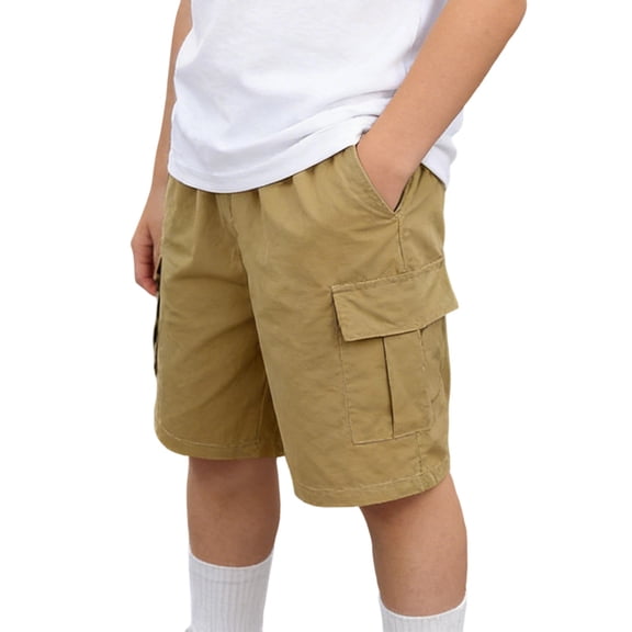 TKKCS Boys Pull-On Cargo Shorts- Outdoor Elastic Wasit Waterproof Trendy Casual Loose Fit Kids Hiking Shorts With Multi Pockets Khaki Size 10 Years