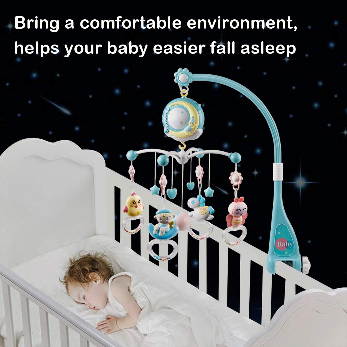 Mini Tudou Baby Musical Mobile Crib with Music and Lights, Timing Function, Projection,Hanging Rattle and Music Box for Babies Boy Girl Toddler 0 to 24 Months