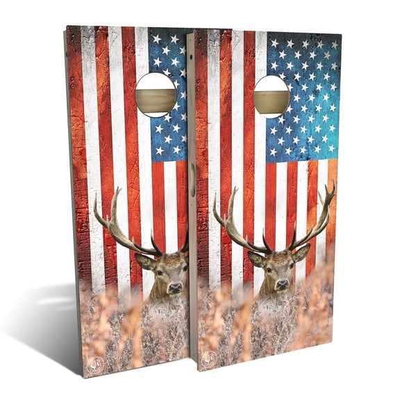 Skip's Garage | American Flag Deer Cornhole Board Set | Includes Boards & Bags | Choose Your Size & Accessories