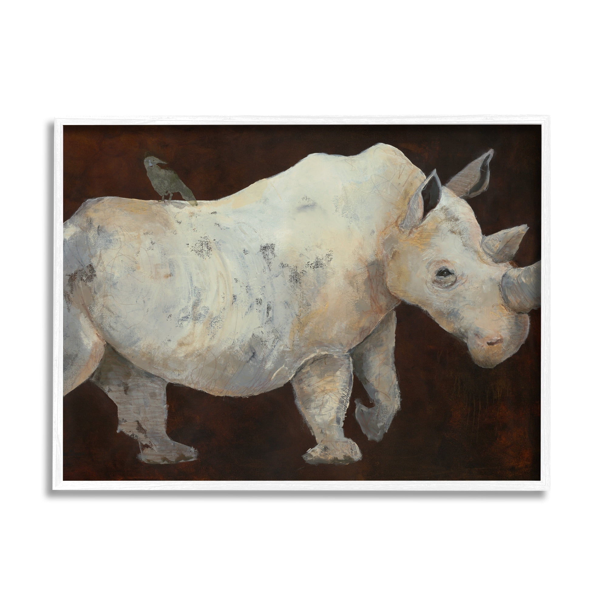 Stupell Industries Bird Perched on Rhino Contemporary Portrait Painting Framed Wall Art, 20 x 16, Design by Roberta Dyer