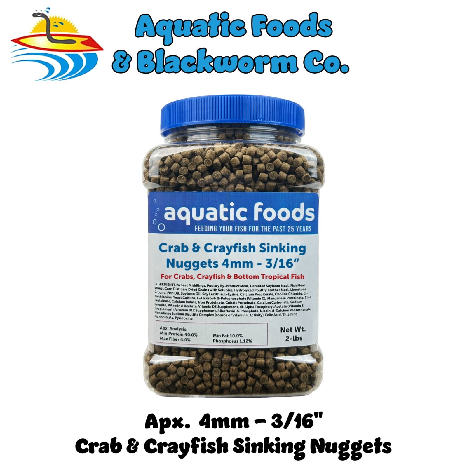 Crab & Crayfish 4mm-3/16" Sinking 40% Protein Nuggets for Crabs, Crayfish, Axolotl, Salamanders, Snails, All Bottom Tropical Fish 2-lbs Jar