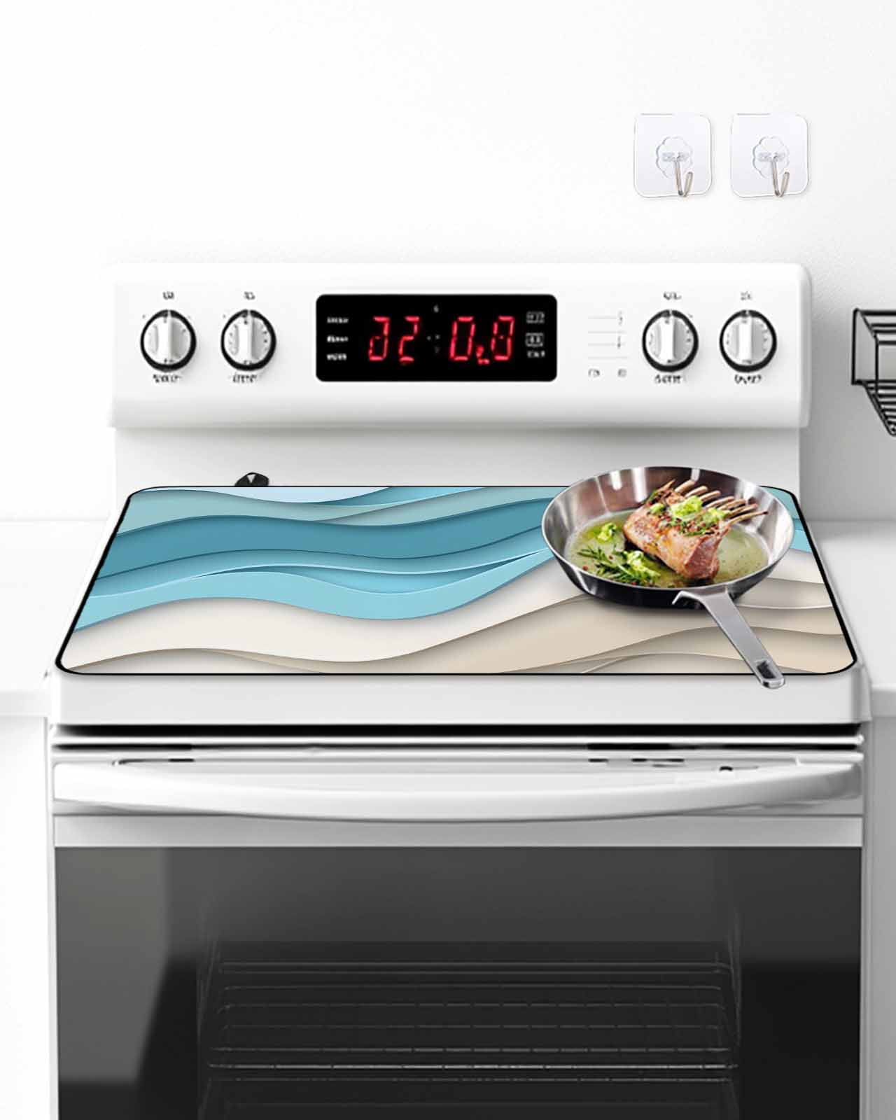 Stove Top Covers for Electric Stove, Aqua Beige Ombre Glass Stovetop Cover Protector, Modern Abstract Moire Art Geometric Induction Cooktop Protector Oven Mat for Kitchen Countertop 24"x21"