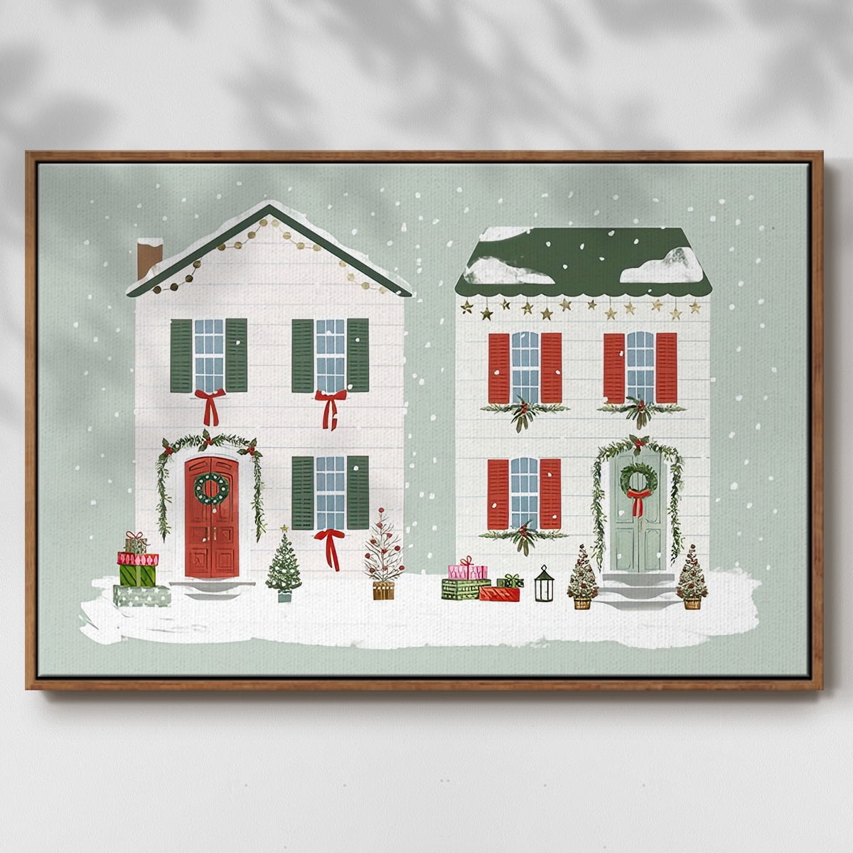 Festive Front Door Collection A - Framed Gallery Wrapped Holiday Canvas - 27 x 41 - Rosewood Frame