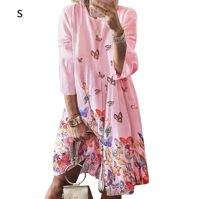 Qarigey Vestido Midi de manga larga estampado cuello gran columpio cintura alta ropa de mujer Vestidos Rosado S
