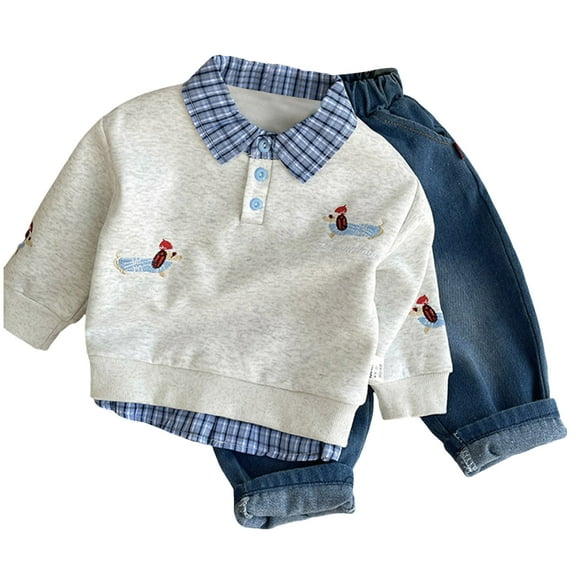 Ulanda Toddler Baby Boy Christmas Outfit Long Sleeve Zip Up Collared Shirt Top Plaid Pants Set Boys Fall Winter Clothes (Grey, 1-2 Years)