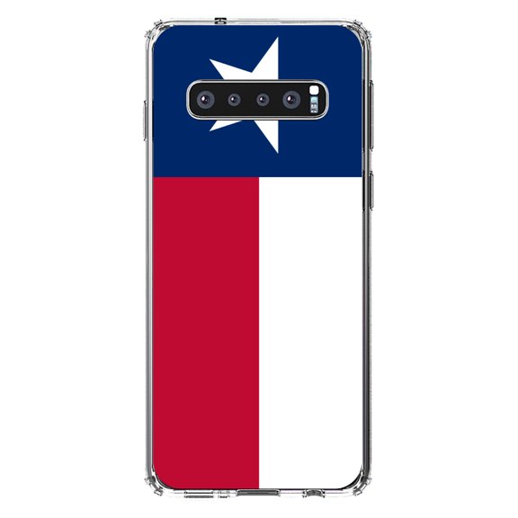 DistinctInk Clear Shockproof Hybrid Case for Samsung Galaxy S10  PLUS(6.4" Screen) - TPU Bumper, Acrylic Back, Tempered Glass Screen Protector - Texas State Flag - US State Flag