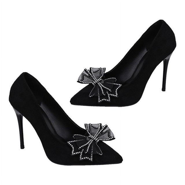 Zapatos de tacón alto con punta estrecha para mujer, zapatos de tacón con lazo alto, elegantes, a la moda, color negro