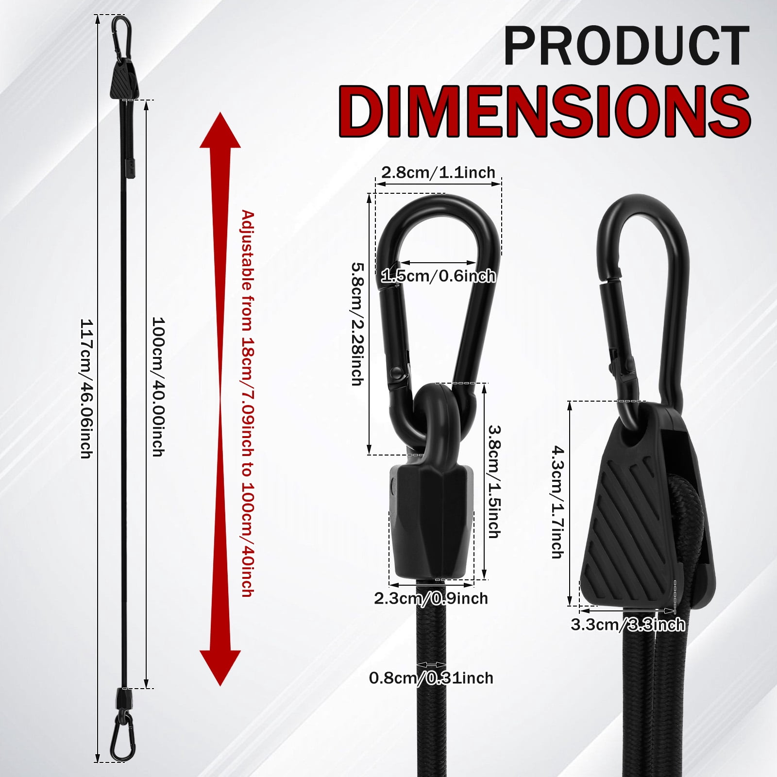 16Pcs 40/48“ Adjustable Carabiner Bungee Cord Set with Hook Adjust from 7 to 40/48 Inch Weather Resistant Black Elastic Bungee Strap for Outdoor Camping