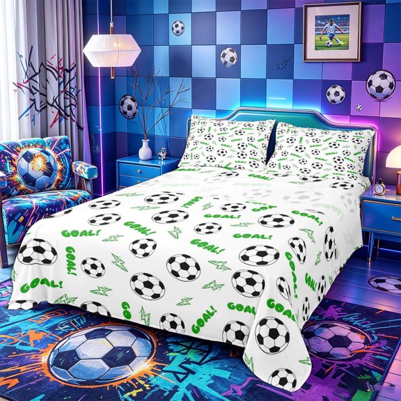 Castle Fairy Soccer Goal Sport Bed Sheets 4-Piece, Green Lightning Full Size Sheets,1 Fitted Sheet, 1 Flat Sheet and 2 Pillowcases