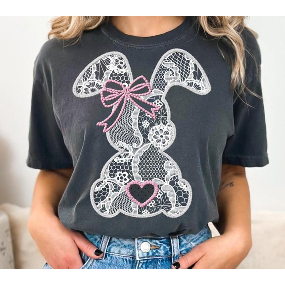 Lace Easter Bunny T-Shirt, Faux Embroidery Easter Tee, Cute Bunny Shirt for Women, Pastel Spring Easter T-Shirt, Vintage Easter Day Shirt