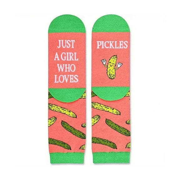 Funny Pickles Socks Creative Girl Who Love Pickles Letters Printed Cotton Middle Calf Socks Gift for Pickles Lover Women